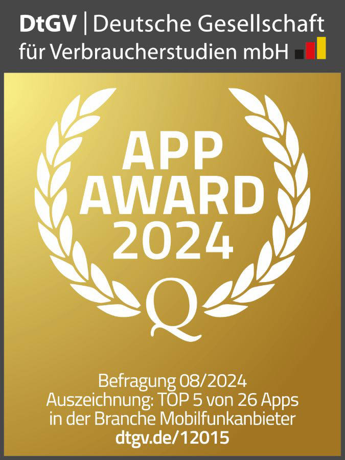 Die Nettokom App wurde von der DtGV unter die Top 5 Apps aus dem Bereich Mobilfunk gewählt und erhielt den App Award 2024.