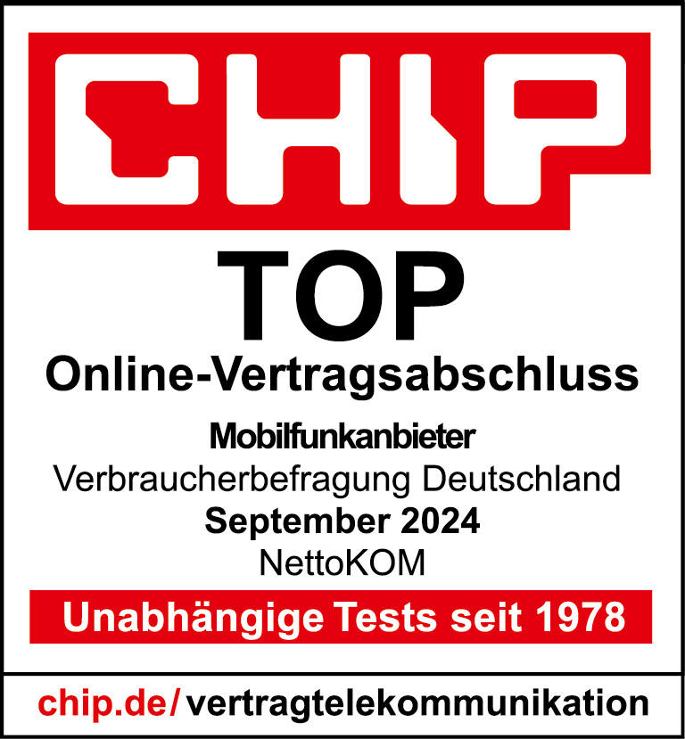 CHIP hat in einer Studie getestet, wie schnell und unkompliziert sich ein Vertrag im Netz abschließen lässt. Dabei hat NettoKOM von 29 Mobilfunkanbietern den 2. Platz belegt und die Bewertung „TOP Online-Vertragsabschluss erhalten“.