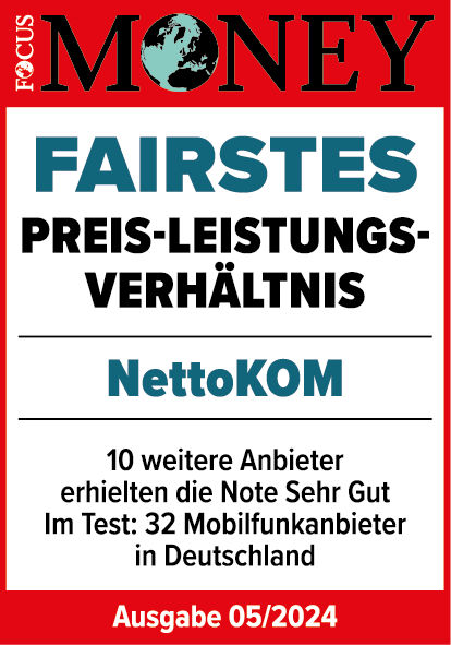 In einer Studie von Focus Money wurde das Preis-Leistungsverhältnis von 32 Mobilfunkanbietern getestet. 11 davon erhielten die Spitzenbewertung sehr gut, darunter auch NettoKOM. Wir freuen uns, dass wir dir somit das "Fairste" Preis-Leistungsverhältnis bieten können.