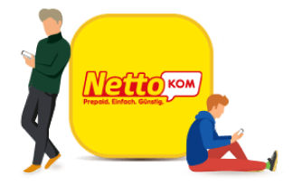 Zwei Personen mit Handy neben dem NettoKOM-Logo