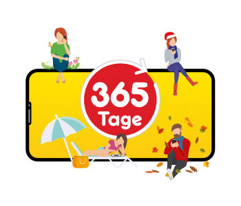 Mobiltelefon mit rotem Text auf gelben Hintergrund: 365 Tage, 15 GB, Flat Min. & SMS, 59,99 €