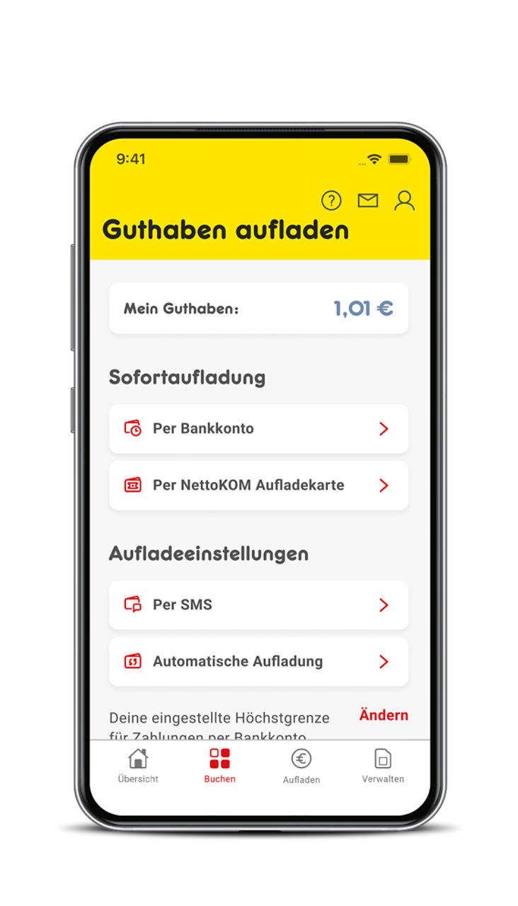 In der NettoKOM App stehen dir verschiedene Einstellungen zur Verfügung wie du dein Guthaben aufladen kannst. Stelle ein, ob die Sofortaufladung via Bankkonto oder über eine NettoKOM Aufladekarte erfolgen soll. Weiters kannst du per SMS oder auch automatisch zu einem bestimmten Datum oder bei Erreichen einer bestimmten Guthaben-Untergrenze aufladen.