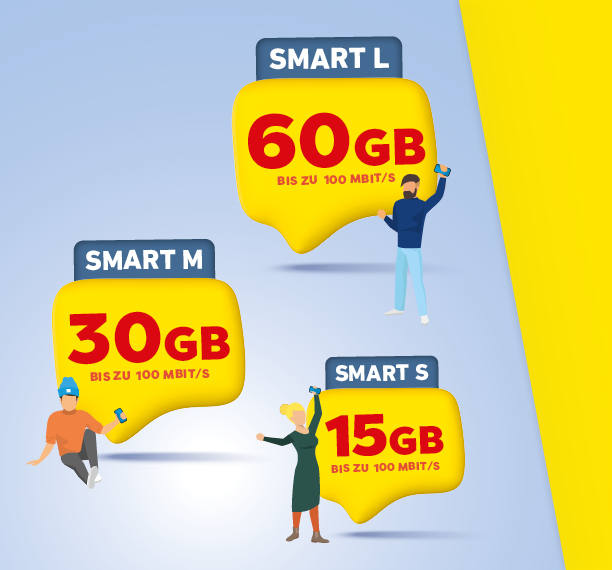 3 Sprechblasen symbolisieren die NettoKOM SMART-Tarife: SMART L mit 60 GB, SMART M mit 30 GB und SMART S mit 15 GB.